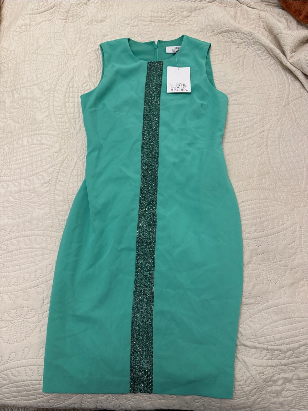 Badgley Mischka Teal Sheath Dress with Glitter Teal Center Stripe